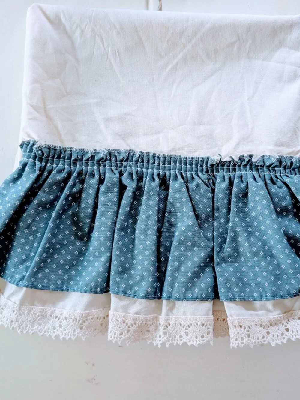 VTG 80s Blue Floral Cottagecore Curtain Panel Cotton Linen Ruffle Farmhouse